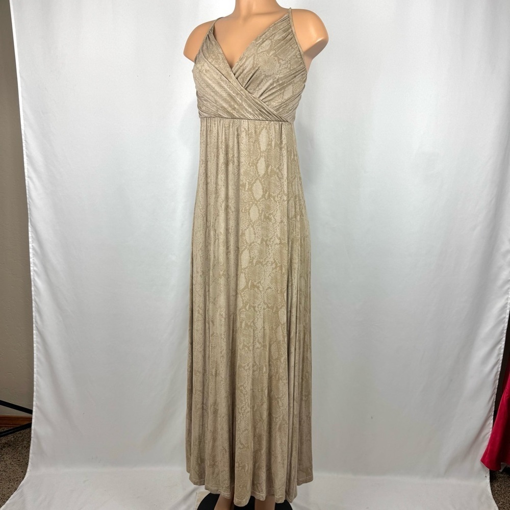 Max & Aaron Women’s Sz S Tan Snake Print Maxi Dress V Neck Soft Jersey Knit Boho